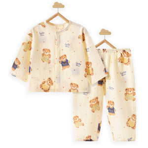 Mustard and Blue Ted, Organic Crushed soft Muslin Cotton Kids Nightsuit - 4 - 5 Years Nightsuits