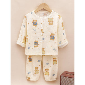 Mustard and Blue Ted, Organic Crushed soft Muslin Cotton Kids Nightsuit - 4 - 5 Years Nightsuits