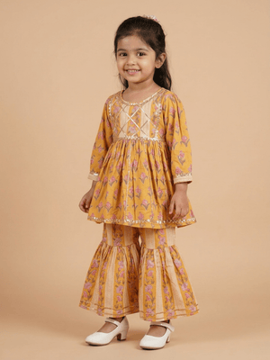 Mustard Bagicha Girls Anarkali Kurta Sharara Set - 0-6 Months Girls Ethnic Set