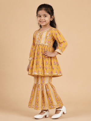 Mustard Bagicha Girls Anarkali Kurta Sharara Set - 0-6 Months Girls Ethnic Set
