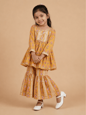 Mustard Bagicha Girls Anarkali Kurta Sharara Set - 0-6 Months Girls Ethnic Set
