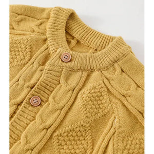 Mustard Cable Pattern Full Sleeves Winter Jumpsuit Romper with Cap for Tiny Toddlers - 3 - 6 Months Winter Wear