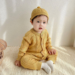 Mustard Cable Pattern Full Sleeves Winter Jumpsuit Romper with Cap for Tiny Toddlers - 3 - 6 Months Winter Wear