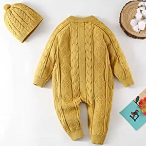 Mustard Cable Pattern Full Sleeves Winter Jumpsuit Romper with Cap for Tiny Toddlers - 3 - 6 Months Winter Wear