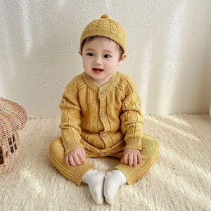 Mustard Cable Pattern Full Sleeves Winter Jumpsuit Romper with Cap for Tiny Toddlers - 3 - 6 Months Winter Wear