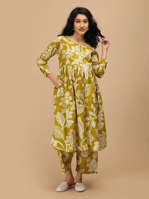 Front view of mustard maternity and nursing Anarkali kurta set with flared silhouette.