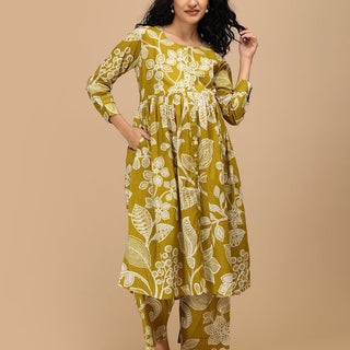 Front view of mustard maternity and nursing Anarkali kurta set with flared silhouette.