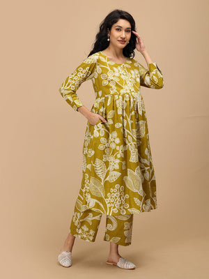 Mustard maternity and nursing Anarkali kurta featuring functional side pockets.