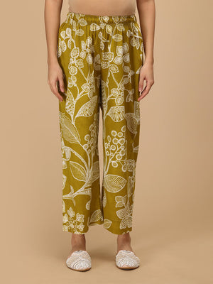 Front view of mustard printed maternity pants with elasticated waistband for comfort.