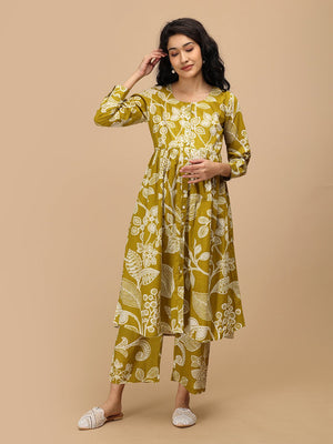 Angled view of mustard maternity Anarkali kurta highlighting pregnancy-friendly flare.