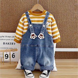 Mustard MadTed Dungaree with Stripes T-shirt, 2 Pcs Clothing Set For Toddlers And Kids - 1 - 2 Years Kids Clothing