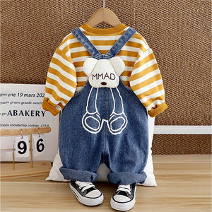 Mustard MadTed Dungaree with Stripes T-shirt, 2 Pcs Clothing Set For Toddlers And Kids - 1 - 2 Years Kids Clothing