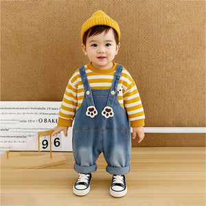 Mustard MadTed Dungaree with Stripes T-shirt, 2 Pcs Clothing Set For Toddlers And Kids - 1 - 2 Years Kids Clothing