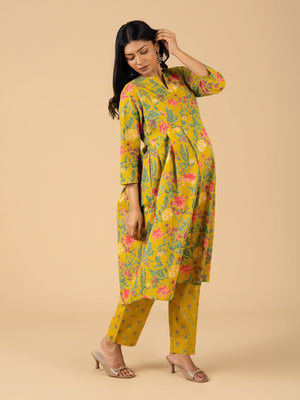 Mustard Phool Maternity and Nursing Kurta Set With Dupatta - S Maternity Ethnic Set