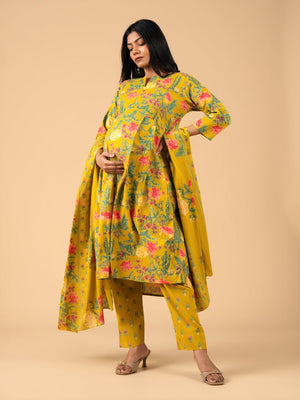 Mustard Phool Maternity and Nursing Kurta Set With Dupatta - S Maternity Ethnic Set