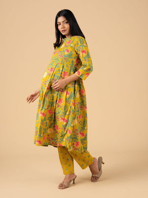 Mustard Phool Maternity and Nursing Kurta Set With Dupatta - S Maternity Ethnic Set