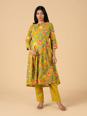 Mustard Phool Maternity and Nursing Kurta Set With Dupatta - S Maternity Ethnic Set
