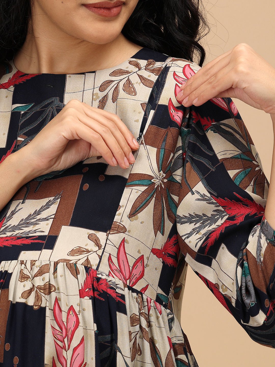 Close-up of hidden nursing zipper on The Mom Store Muted Muse maternity and nursing dress.