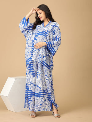 Model posing sideways wearing mykonos magic maternity and nursing Co-ord set from the mom store