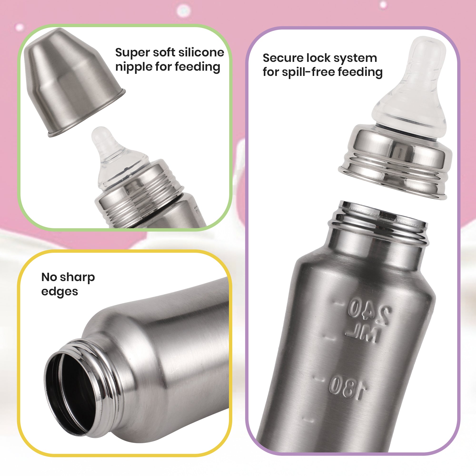 Narrow Neck Steel Feeding Bottle with nipple - 240ml Feeding Bottles