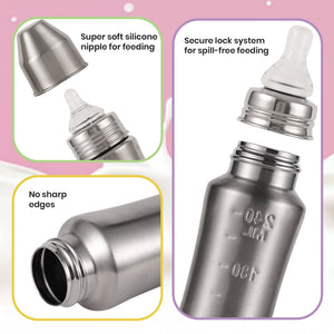 Narrow Neck Steel Feeding Bottle with nipple - 240ml Feeding Bottles