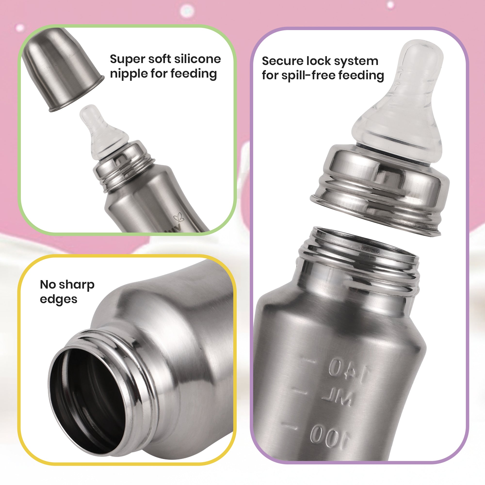 Narrow Neck Steel Feeding Bottle with nipple - 140ml Feeding Bottles