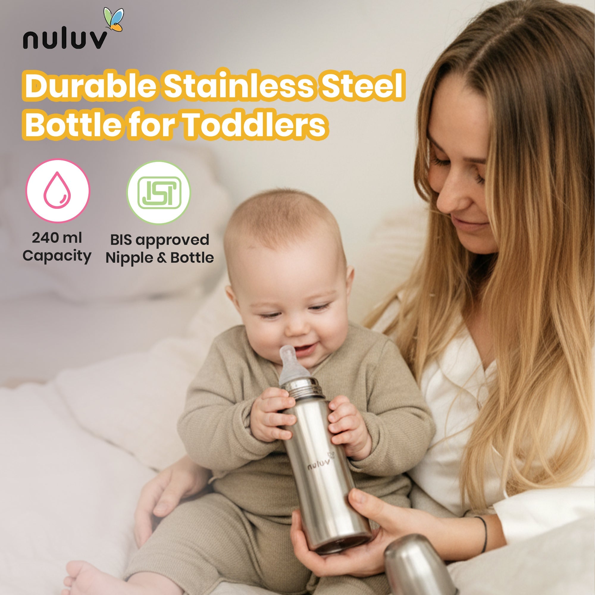 Narrow Neck Steel Feeding Bottle with nipple - 240ml Feeding Bottles