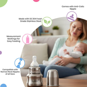 Narrow Neck Steel Feeding Bottle with nipple - 60ml Feeding Bottles