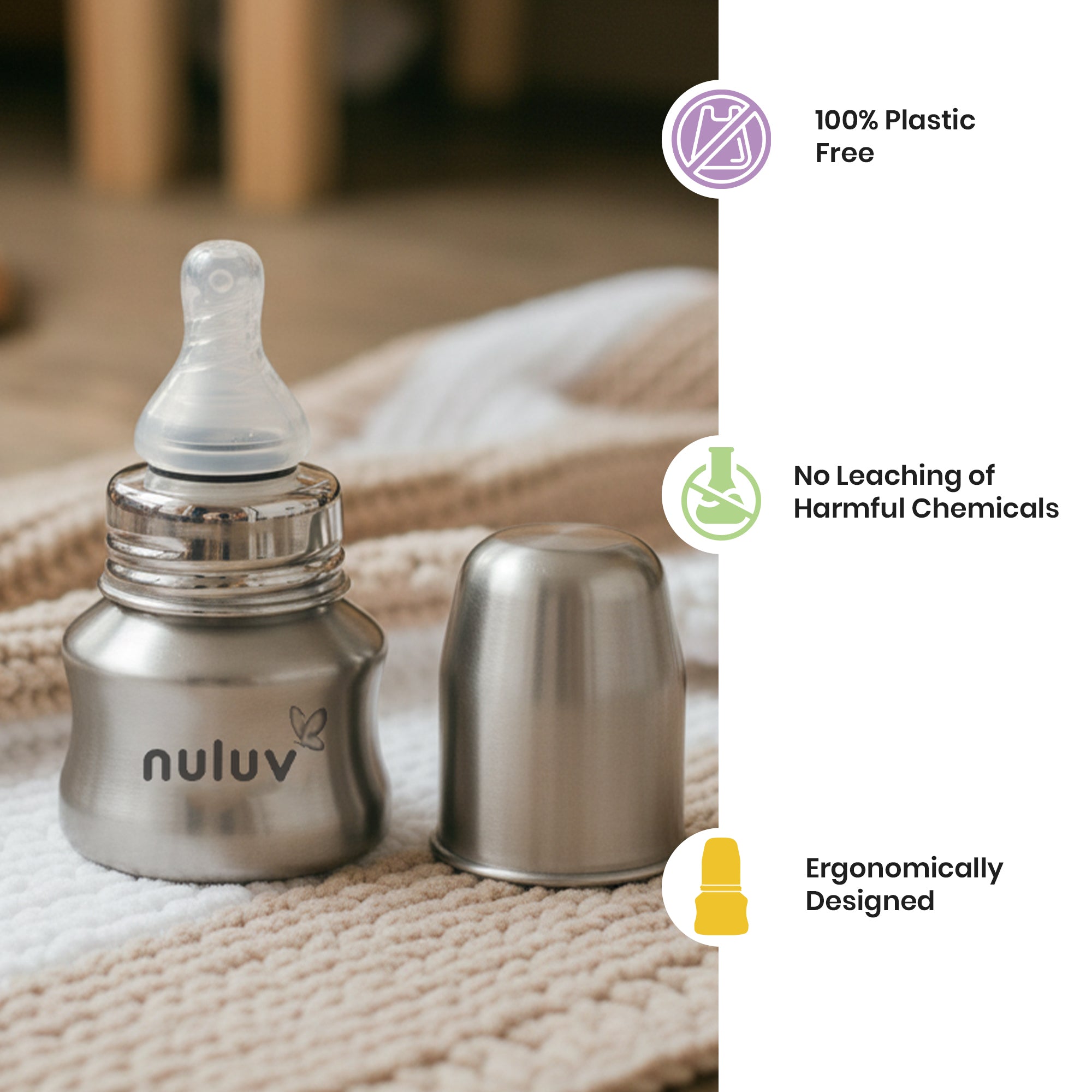 Narrow Neck Steel Feeding Bottle with nipple - 60ml Feeding Bottles