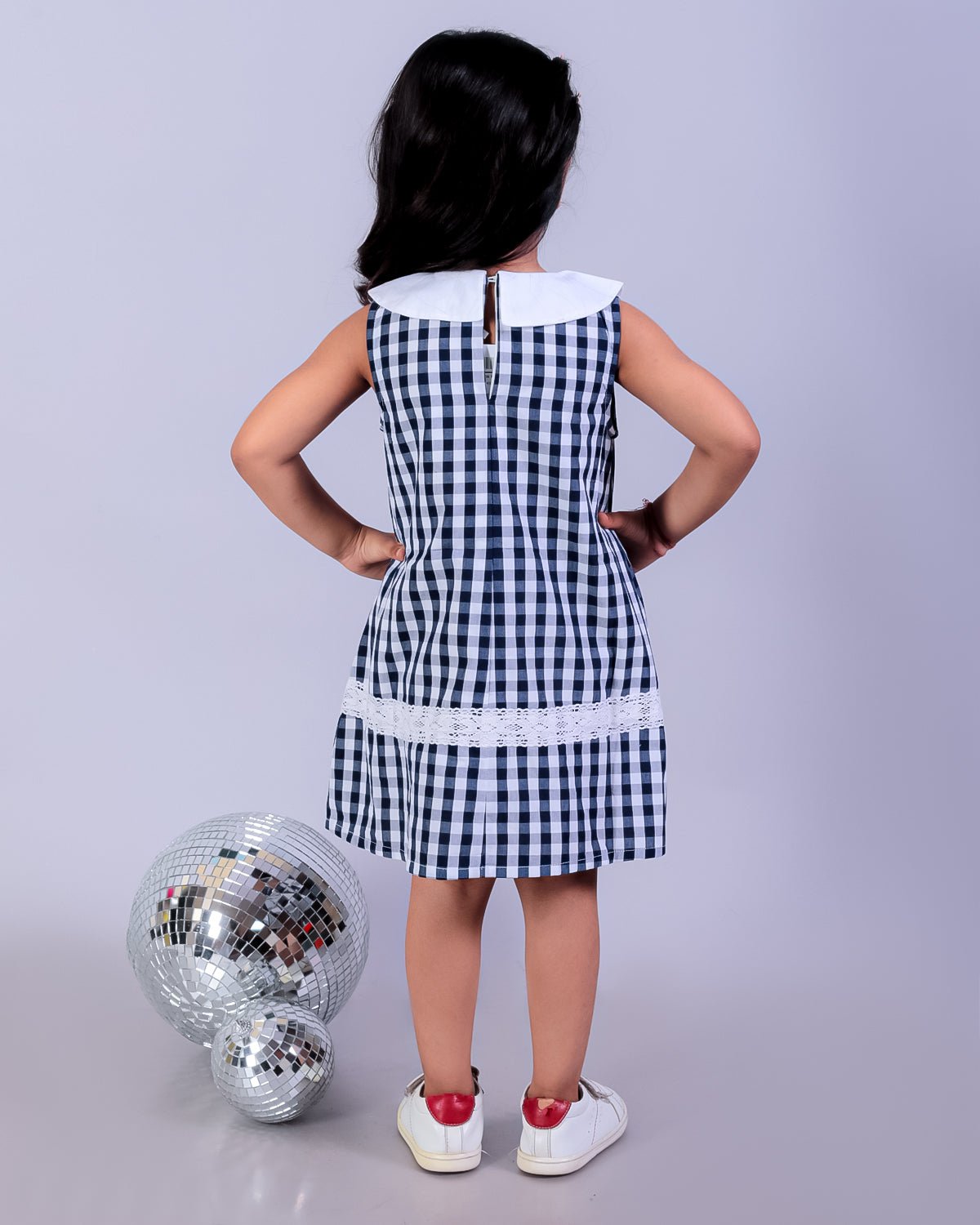 Navy Blue Checkered Girls Casual Dress