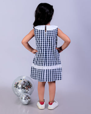 Navy Blue Checkered Girls Casual Dress