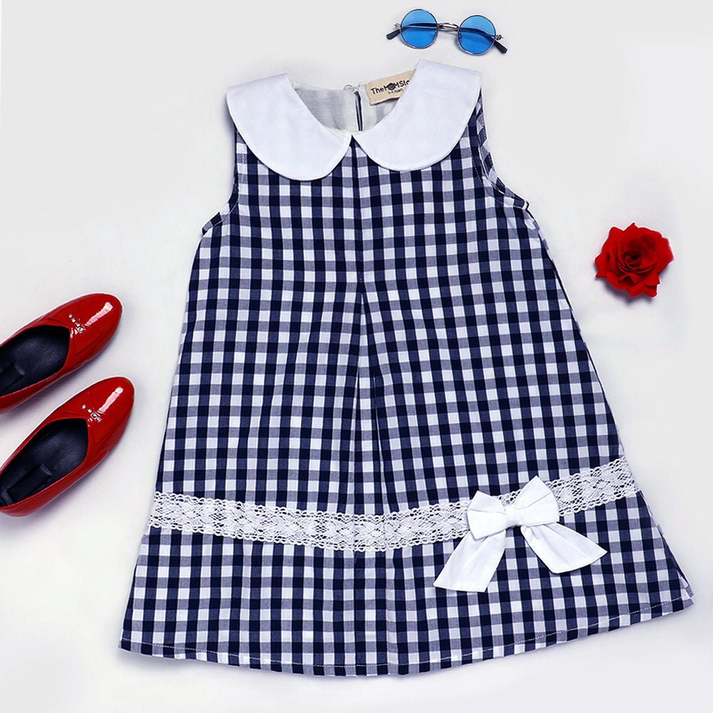 Navy Blue Checkered Girls Casual Dress - KCW - MC - BKCG - 1 - 2