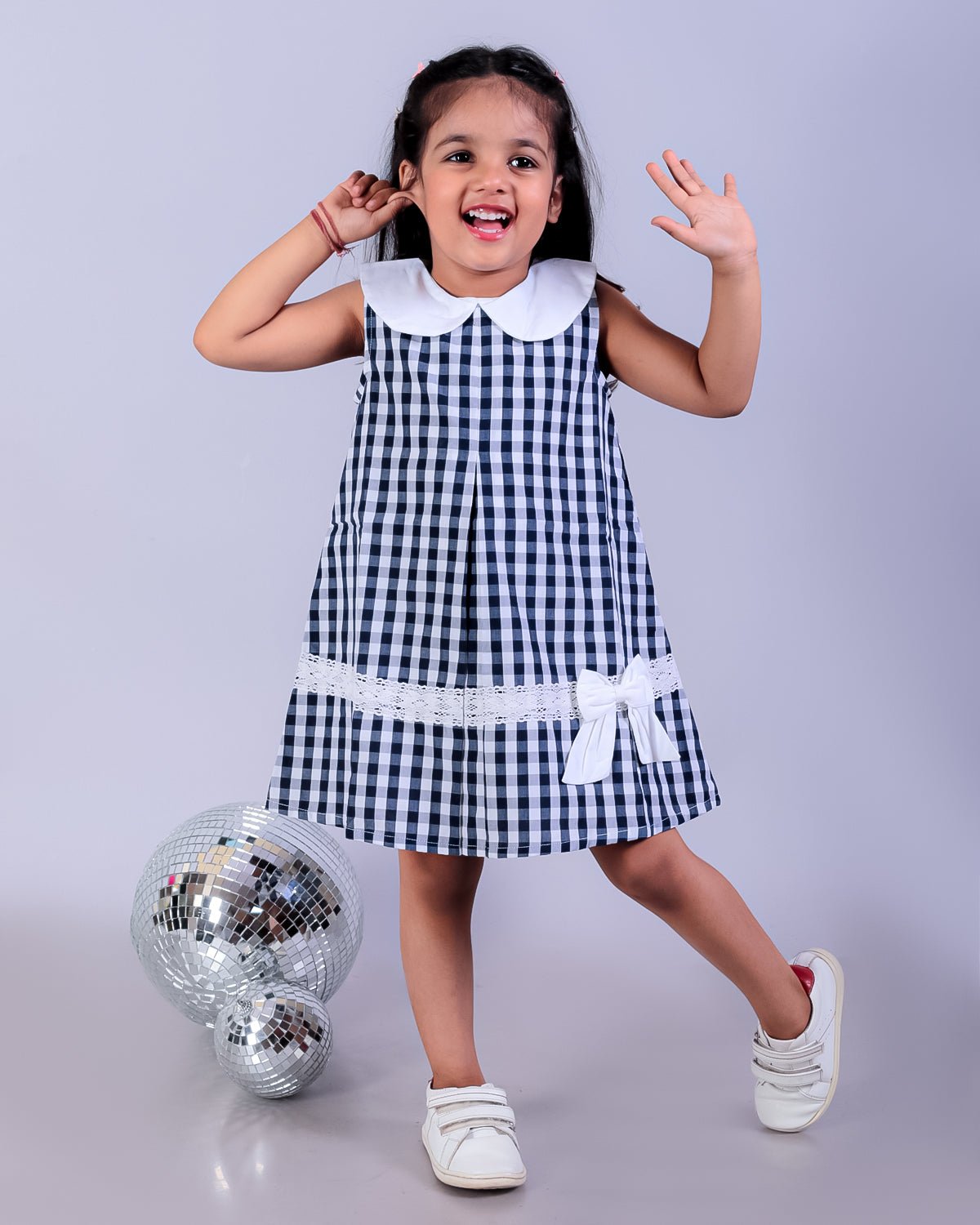 Navy Blue Checkered Girls Casual Dress