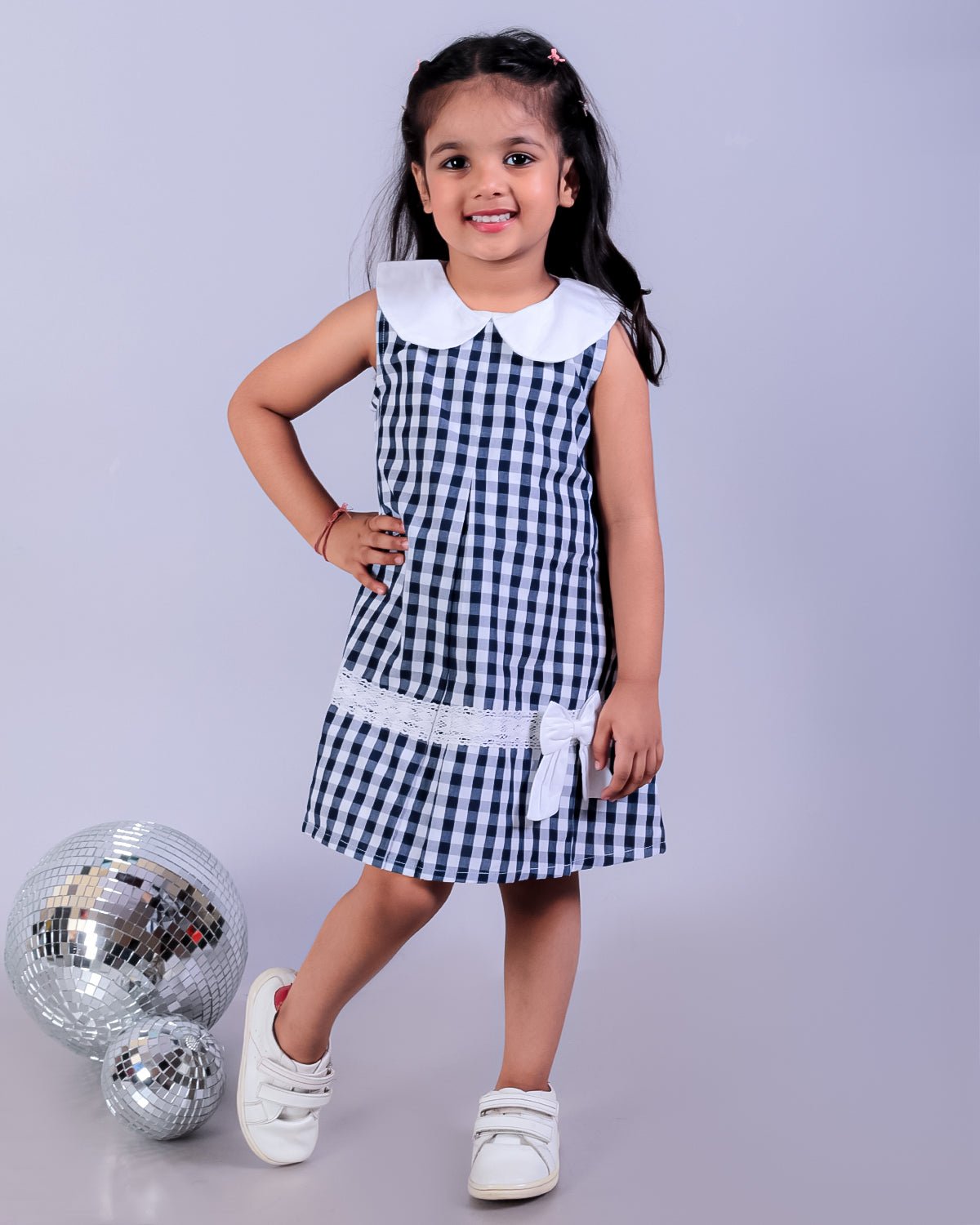 Navy Blue Checkered Girls Casual Dress