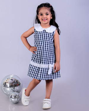 Navy Blue Checkered Girls Casual Dress