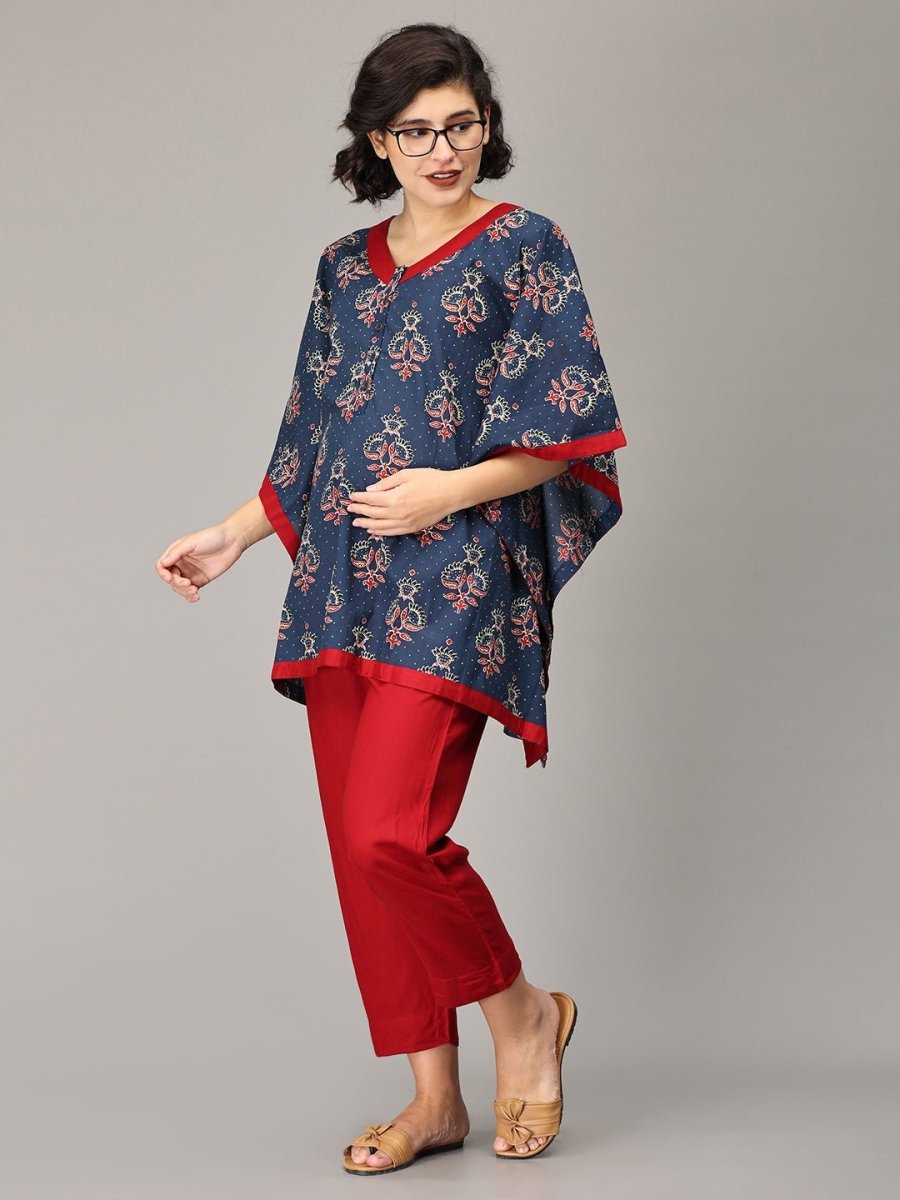 Navy Blue Floral and Maroon Kaftan Maternity and Feeding Nightsuit - NW-BMKF-S