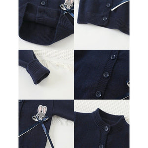 Navy Bunny Cardigan & Checked Skirt, Winterwear 2Pcs set for Girls - 2 - 3 Years Kids Clothing