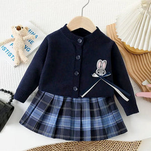 Navy Bunny Cardigan & Checked Skirt, Winterwear 2Pcs set for Girls - 2 - 3 Years Kids Clothing