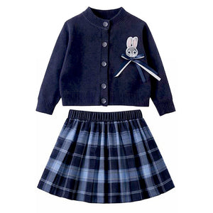 Navy Bunny Cardigan & Checked Skirt, Winterwear 2Pcs set for Girls - 2 - 3 Years Kids Clothing
