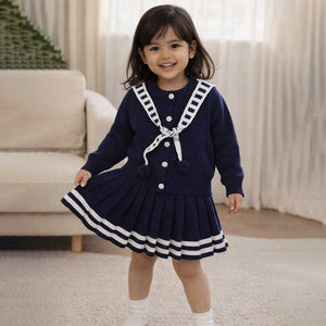 Navy Cardigan & Skirt with Muffler, Winterwear 2Pcs set for Girls - 2 - 3 Years Kids Clothing