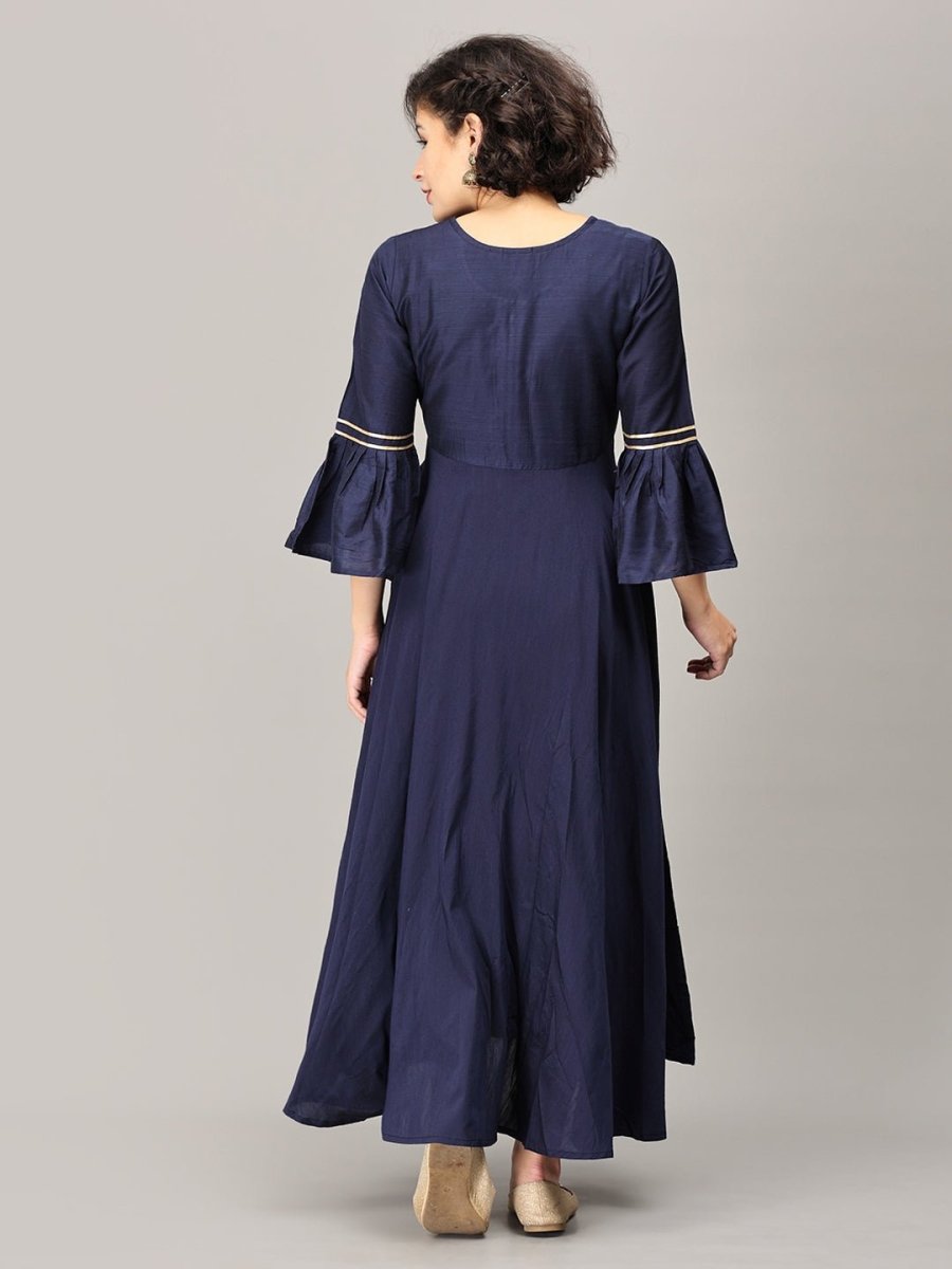 Navy Flared Floral Gold Foil Print Maternity and Feeding Kurti - MEW-NVGLD-S