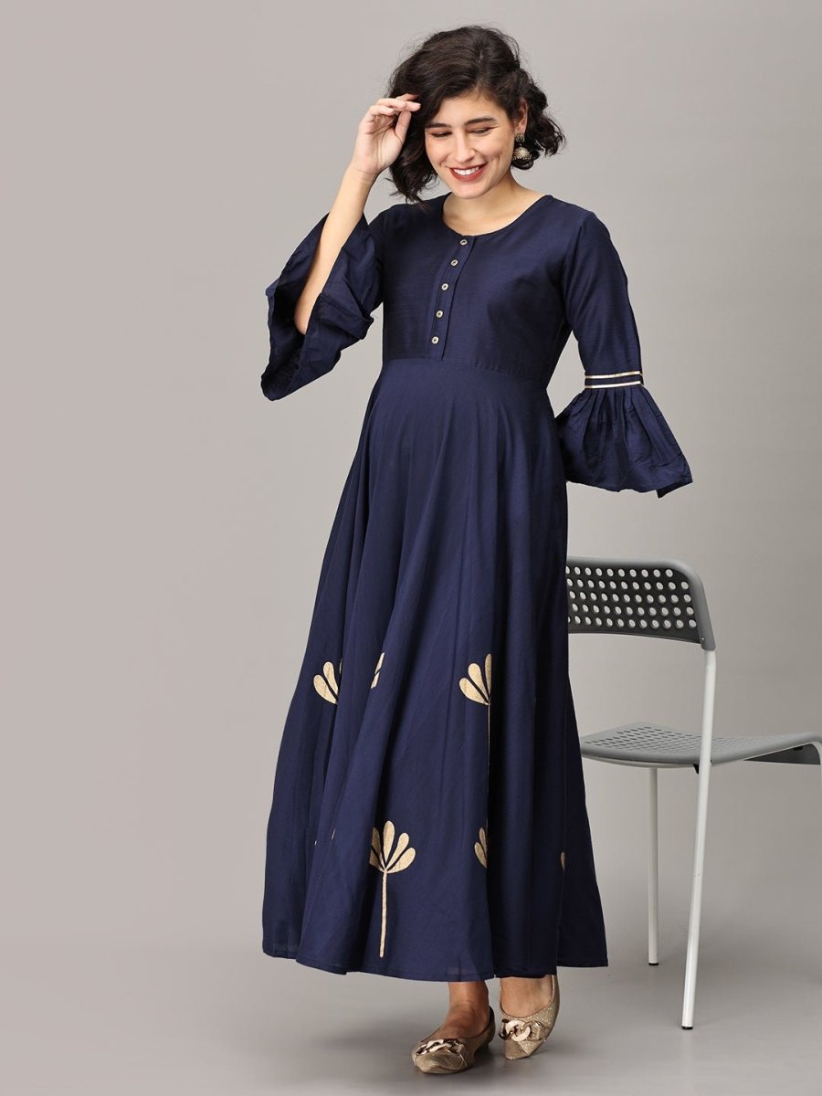 Navy Flared Floral Gold Foil Print Maternity and Feeding Kurti - MEW-NVGLD-S