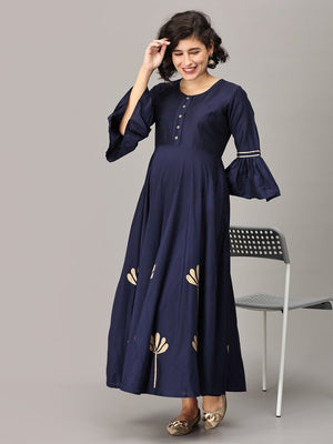Navy Flared Floral Gold Foil Print Maternity and Feeding Kurti - MEW-NVGLD-S