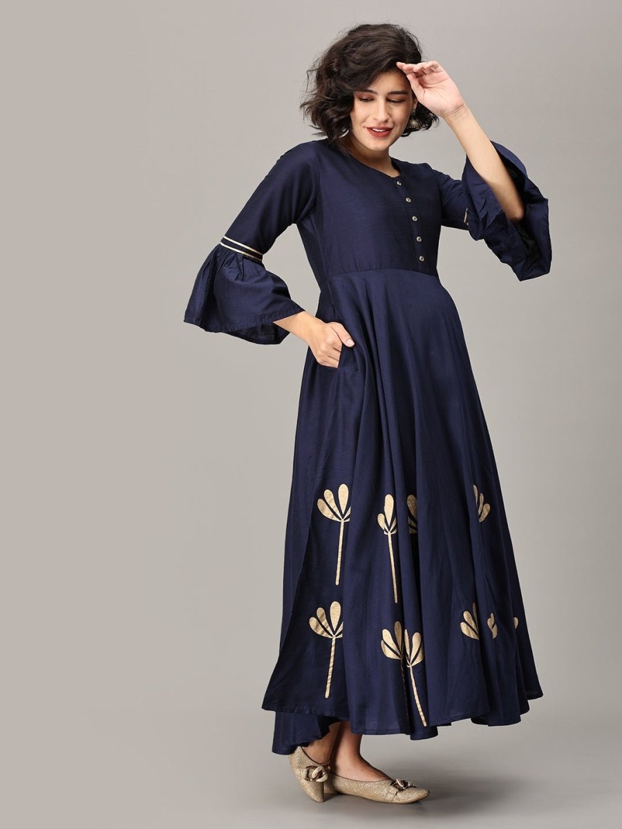 Navy Flared Floral Gold Foil Print Maternity and Feeding Kurti - MEW-NVGLD-S