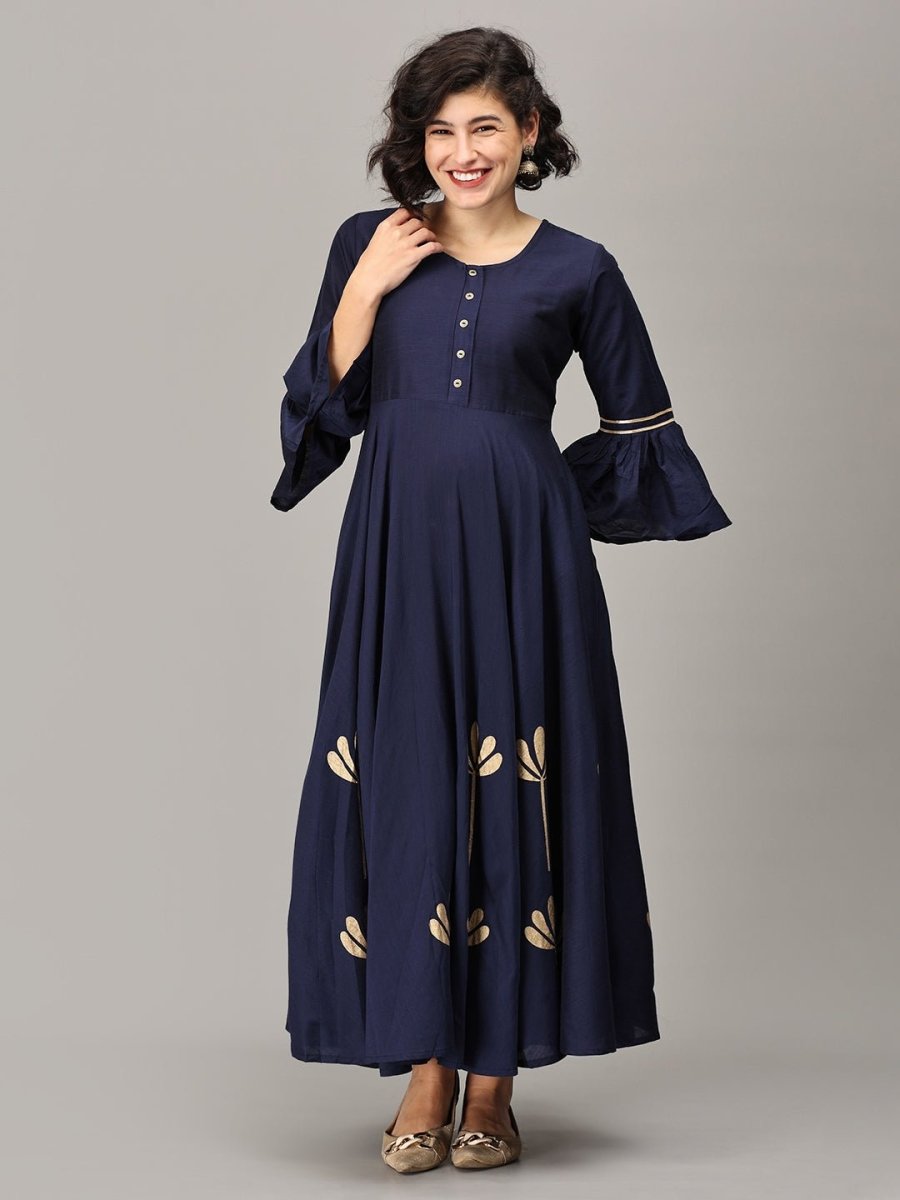 Navy Flared Floral Gold Foil Print Maternity and Feeding Kurti - MEW-NVGLD-S
