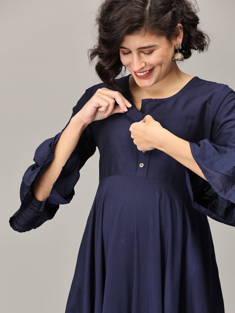 Navy Flared Floral Gold Foil Print Maternity and Feeding Kurti - MEW-NVGLD-S
