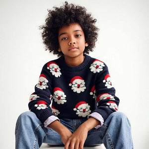 Navy Multi Santa Faces Knitted warmer, cardigan Christmas Sweater for Kids - 2 - 3 Years Winter Wear
