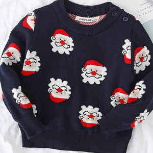 Navy Multi Santa Faces Knitted warmer, cardigan Christmas Sweater for Kids - 2 - 3 Years Winter Wear