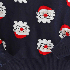 Navy Multi Santa Faces Knitted warmer, cardigan Christmas Sweater for Kids - 2 - 3 Years Winter Wear