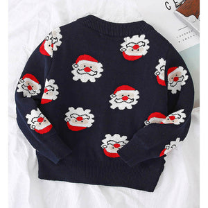 Navy Multi Santa Faces Knitted warmer, cardigan Christmas Sweater for Kids - 2 - 3 Years Winter Wear